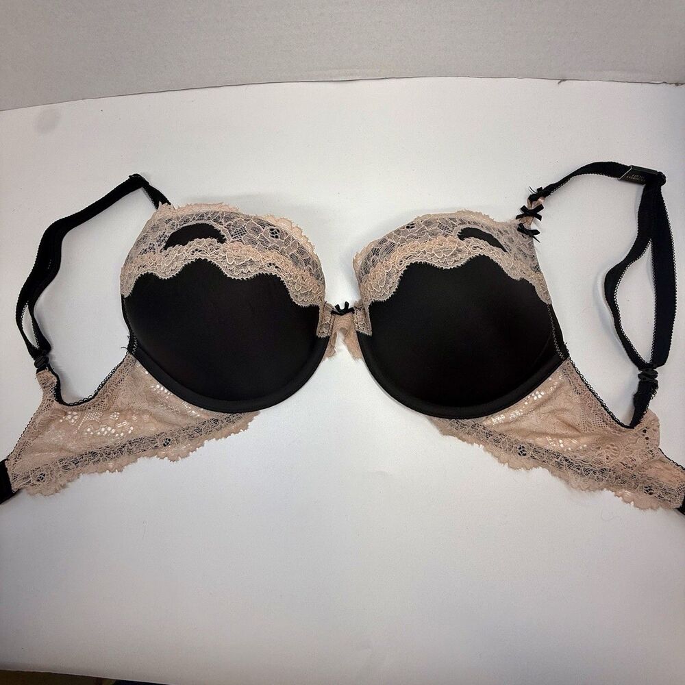 Victoria’s Secret Black Satin Pink Lace Push Up Plunge Convertable Bra 32D New